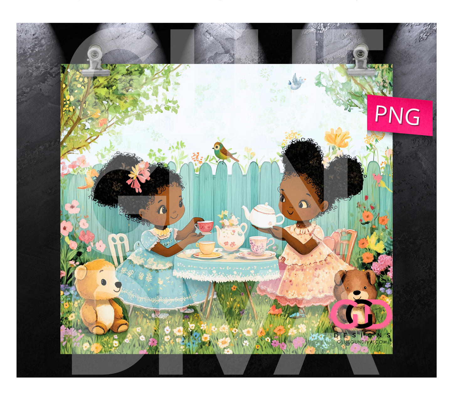 Tea Time African american girls-  Digital tumbler wrap for 20 oz skinny straight tumbler