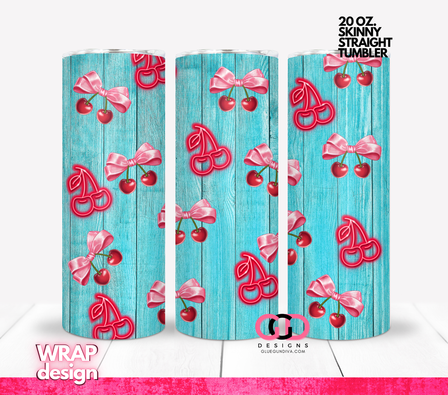 Neon Cherries and Bows -  Digital tumbler wrap for 20 oz skinny straight tumbler