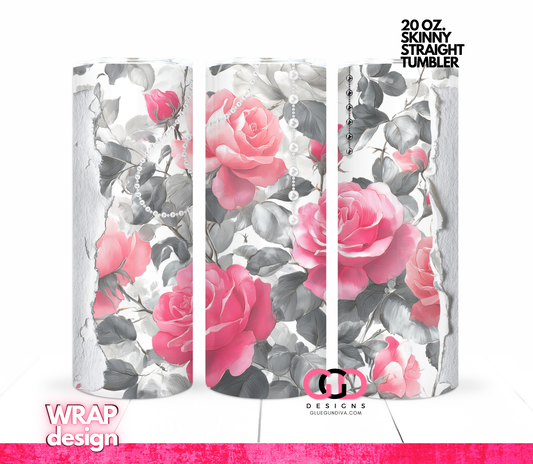 Pearl Strings and Pink Roses-   Digital tumbler wrap for 20 oz skinny straight tumbler