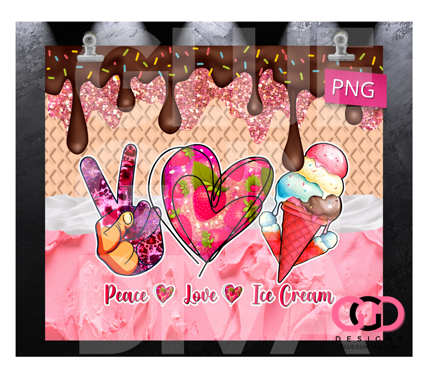 Peace Love Ice Cream-   Digital tumbler wrap for 20 oz skinny straight tumbler
