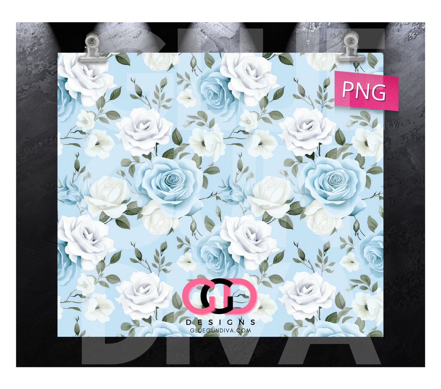 Blue and White Roses-   Digital tumbler wrap for 20 oz skinny straight tumbler