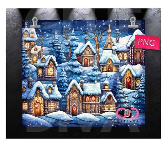 Pretty Snow Village-   Digital tumbler wrap for 20 oz skinny straight tumbler