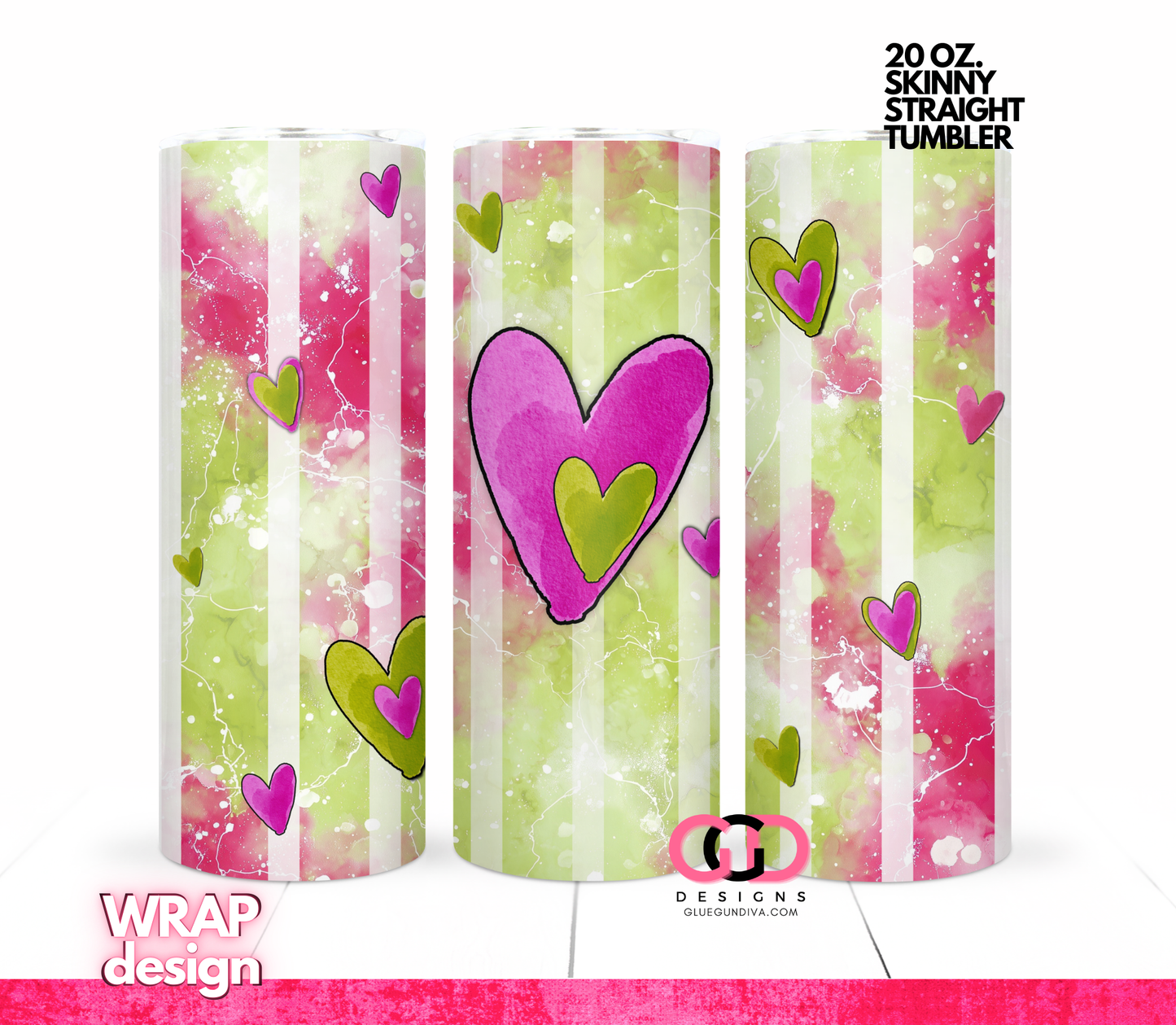 Lime Green and Pink Hearts -   Digital tumbler wrap for 20 oz skinny straight tumbler