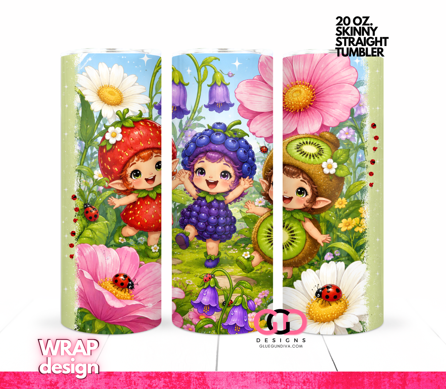Sweet Fruit Fairies -  Digital tumbler wrap for 20 oz skinny straight tumbler