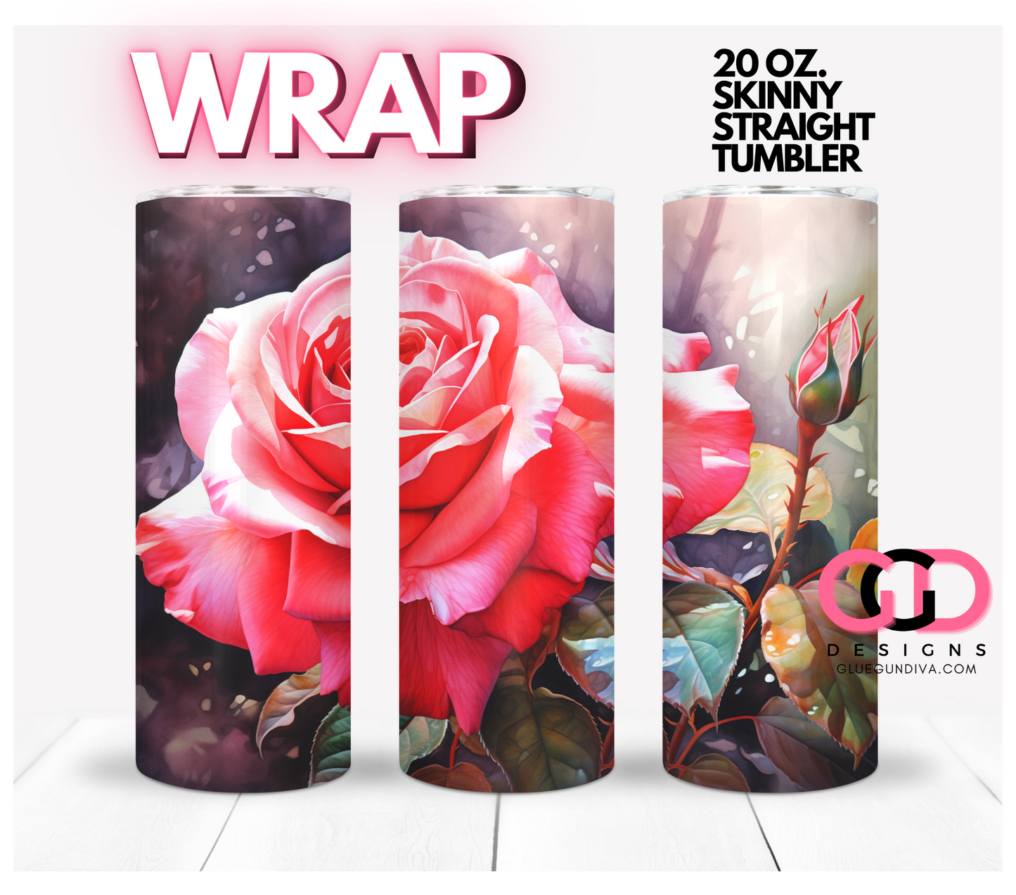 Beautiful Pink Rose Midjourney Prompt-   Digital tumbler wrap for 20 oz skinny straight tumbler