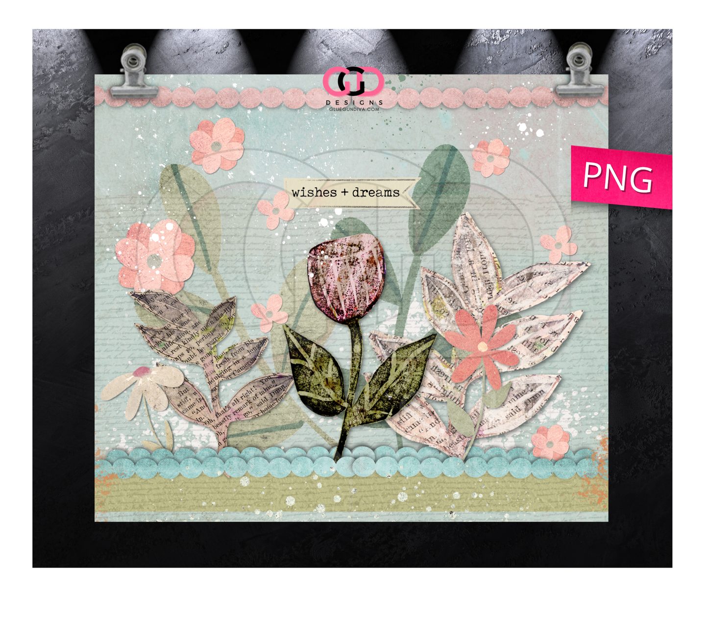 Wishes and Dreams Paper Floral -Digital tumbler wrap for 20 oz skinny straight tumbler