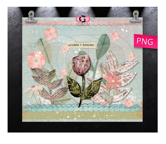 Wishes and Dreams Paper Floral -Digital tumbler wrap for 20 oz skinny straight tumbler
