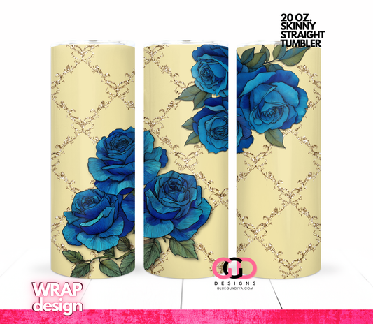 Blue Roses on Yellow -   Digital tumbler wrap for 20 oz skinny straight tumbler