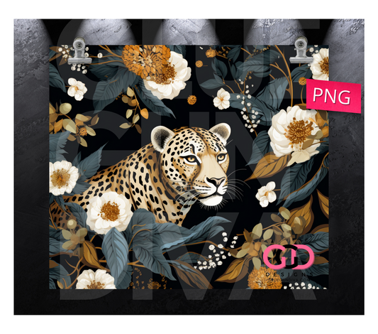 Leopard and Flowers-   Digital tumbler wrap for 20 oz skinny straight tumbler