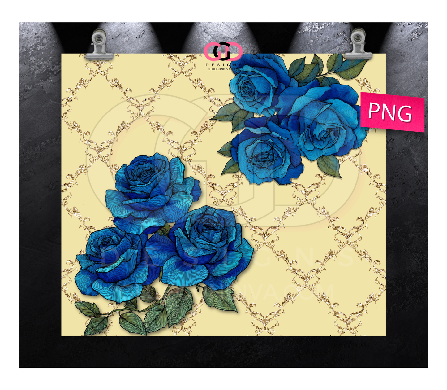 Blue Roses on Yellow -   Digital tumbler wrap for 20 oz skinny straight tumbler