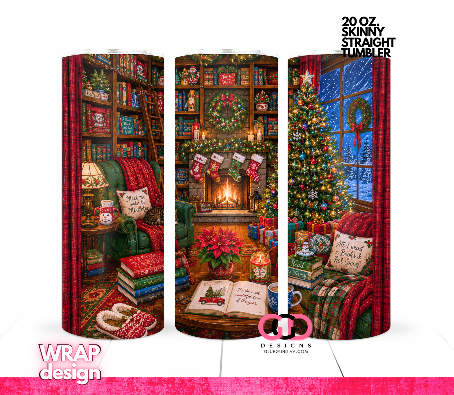 Christmas Libray -   Digital tumbler wrap for 20 oz skinny straight tumbler