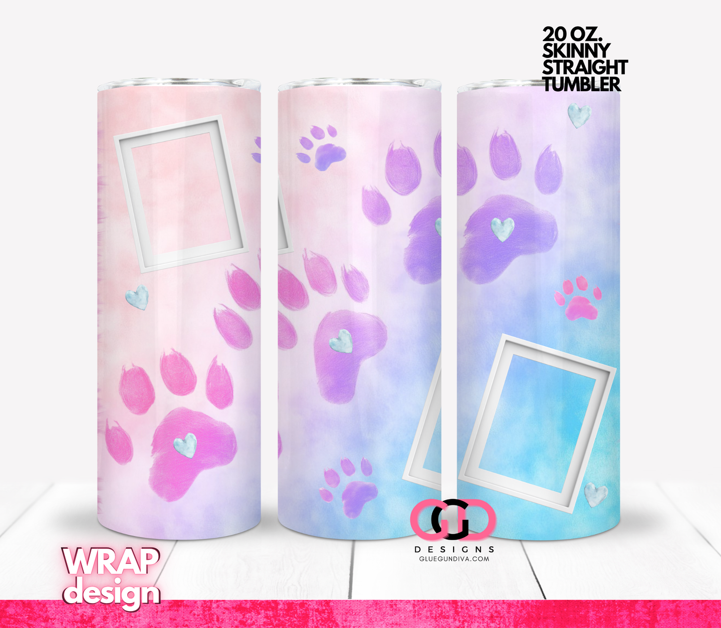 Pet Love Watercolor Add your own Photos- Digital tumbler wrap for 20 oz skinny straight tumbler