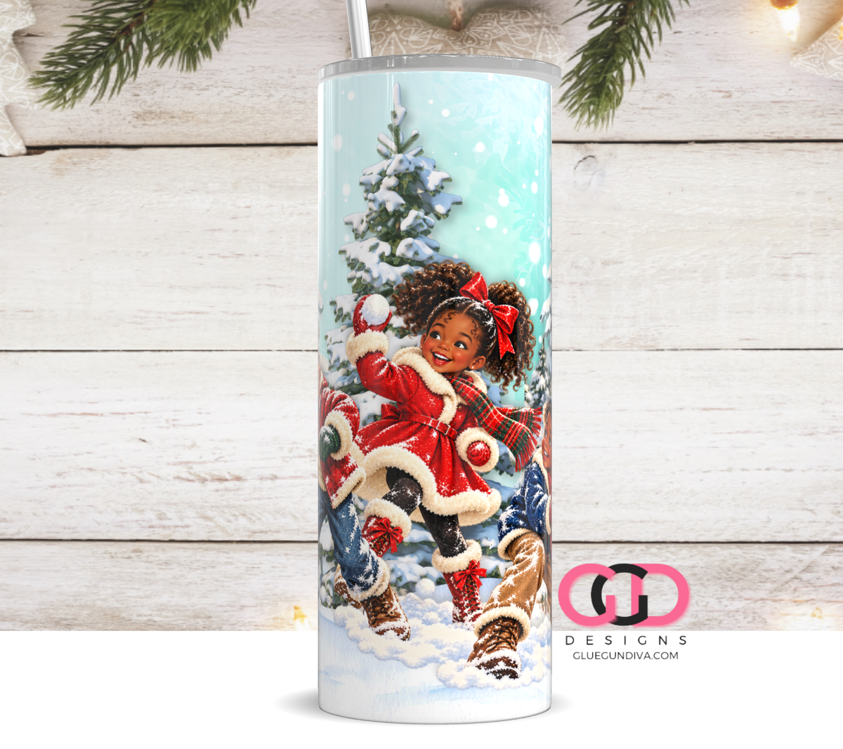 Vintage Snowball Fight Black Children-  Digital tumbler wrap for 20 oz skinny straight tumbler
