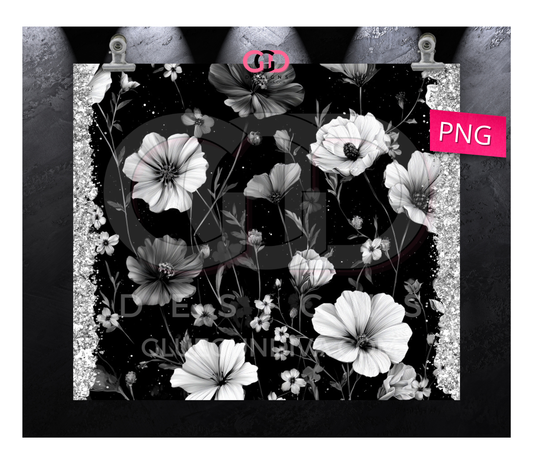 Black White Flowers 4 -   Digital tumbler wrap for 20 oz skinny straight tumbler