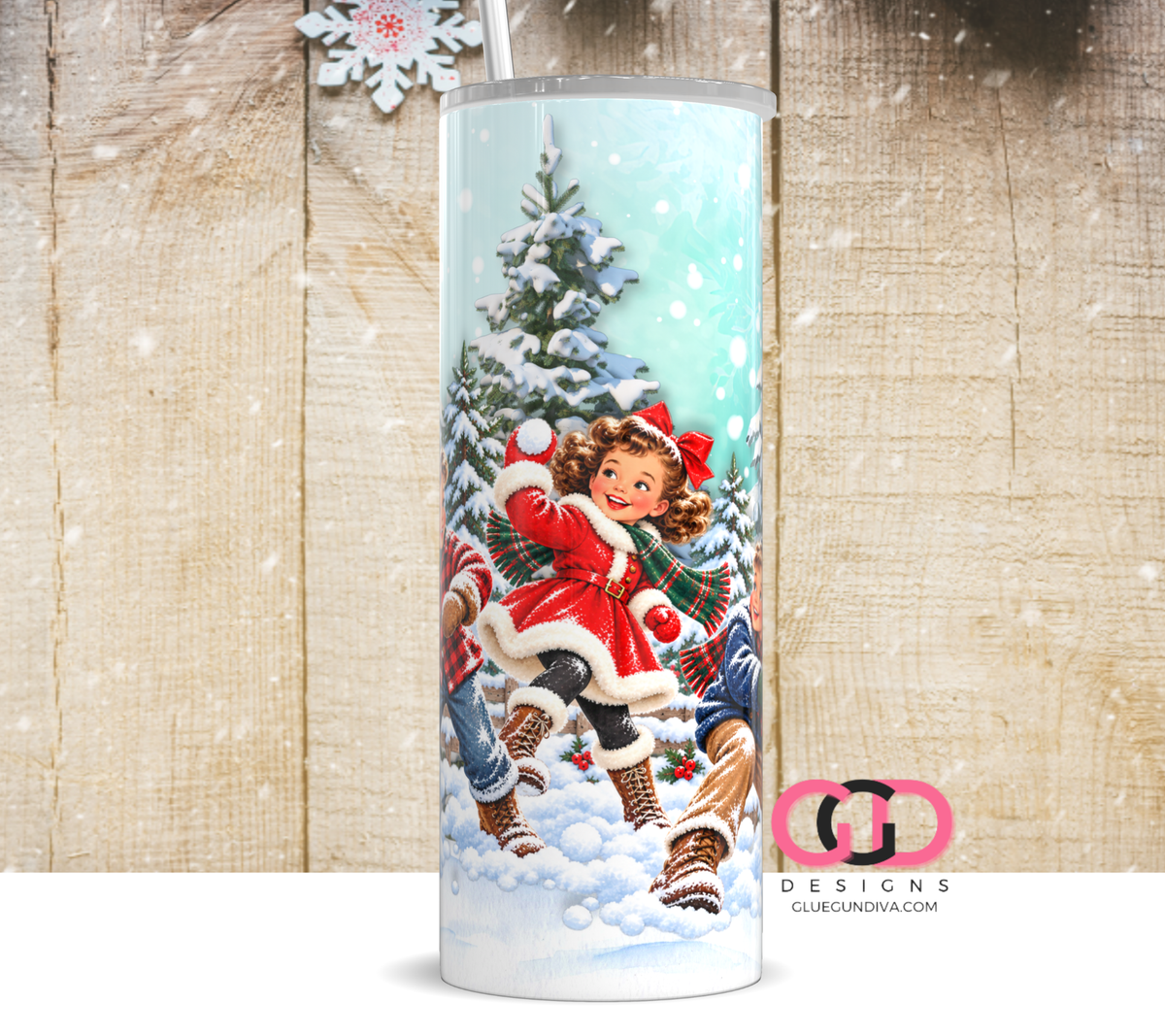 Vintage Snowball Fight White Children-  Digital tumbler wrap for 20 oz skinny straight tumbler