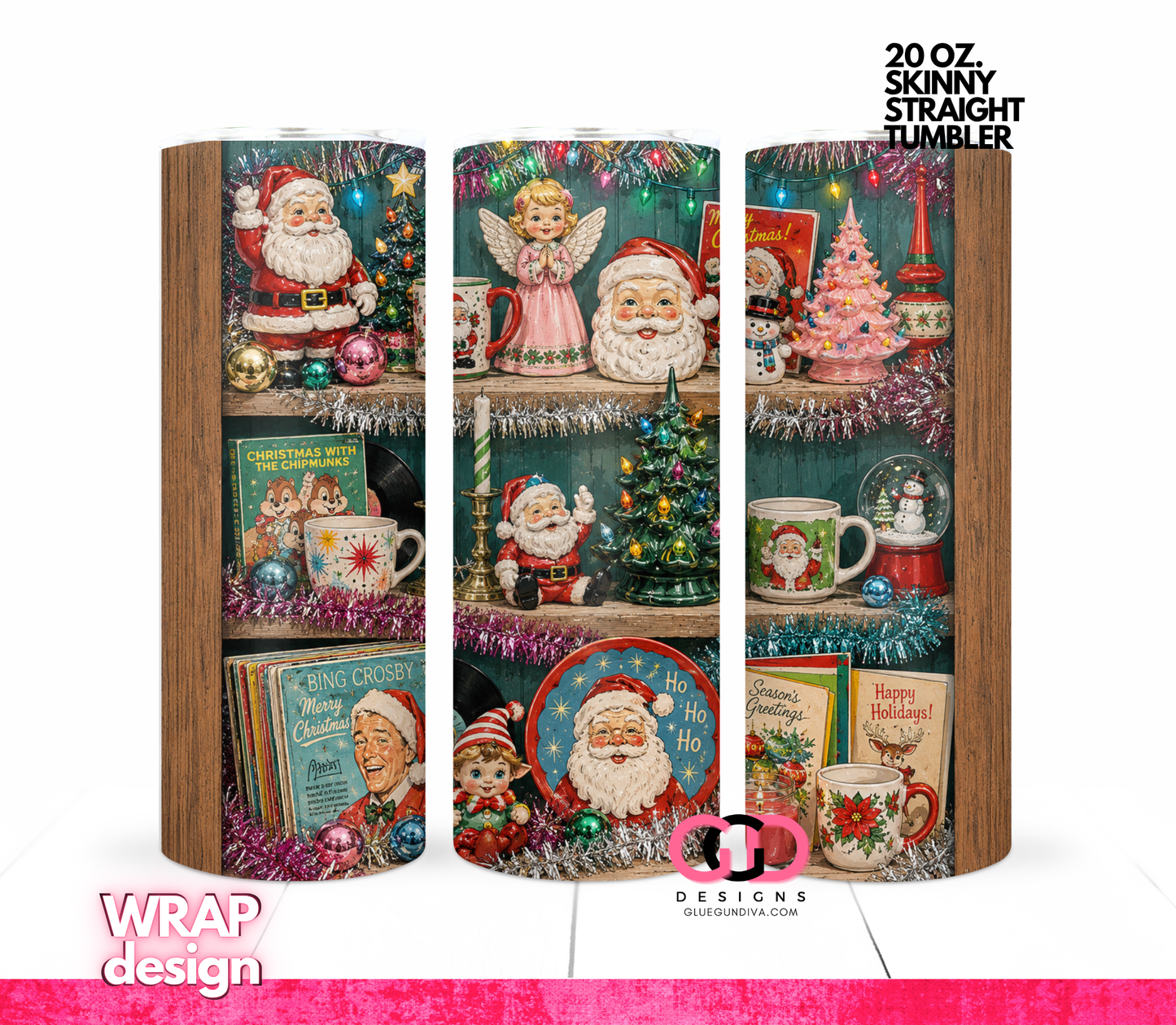 Christmas Thrift Shelf Dark Wood -   Digital tumbler wrap for 20 oz skinny straight tumbler