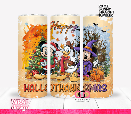 Mouse and Friends Hallothanksmas -  Digital tumbler wrap for 20 oz skinny straight tumbler