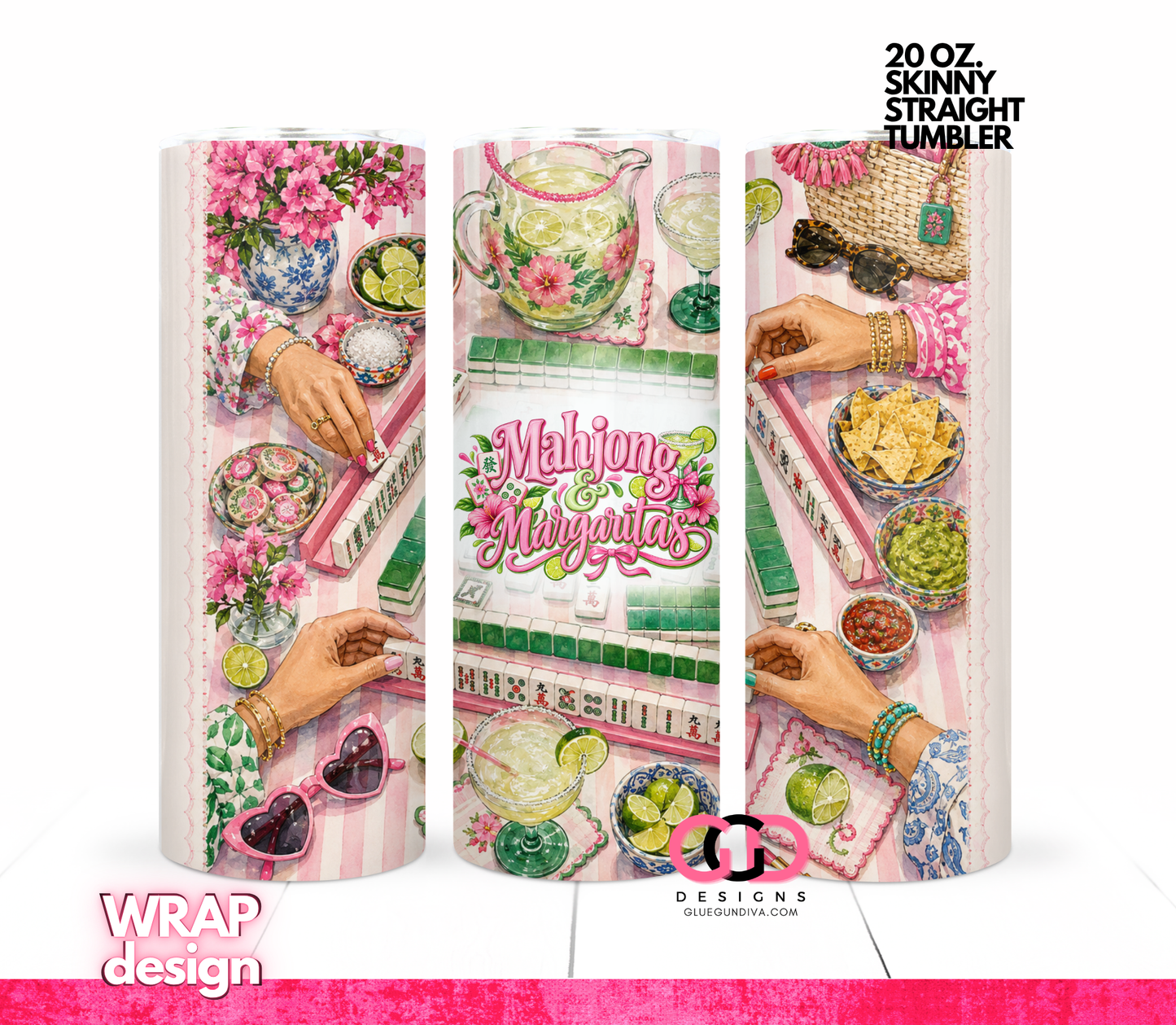 Mahjong And Margaritas -   Digital tumbler wrap for 20 oz skinny straight tumbler