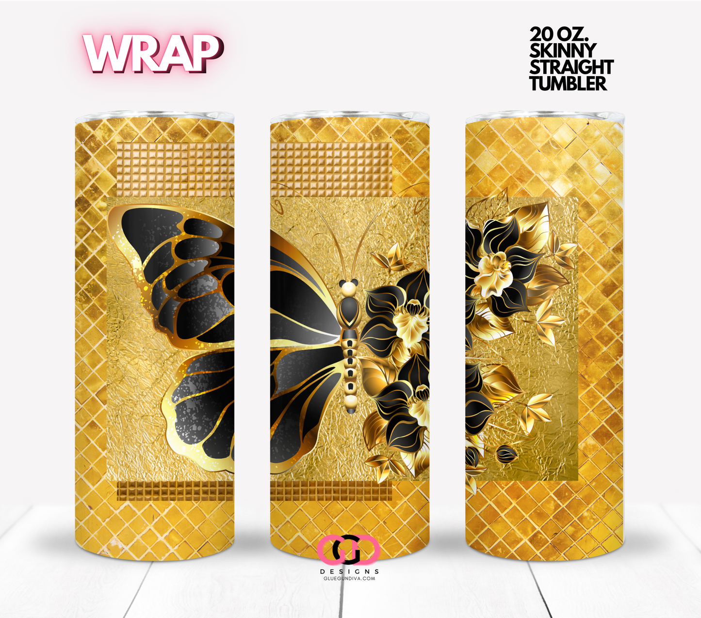 Gold and Black Butterfly -  Digital tumbler wrap for 20 oz skinny straight tumbler