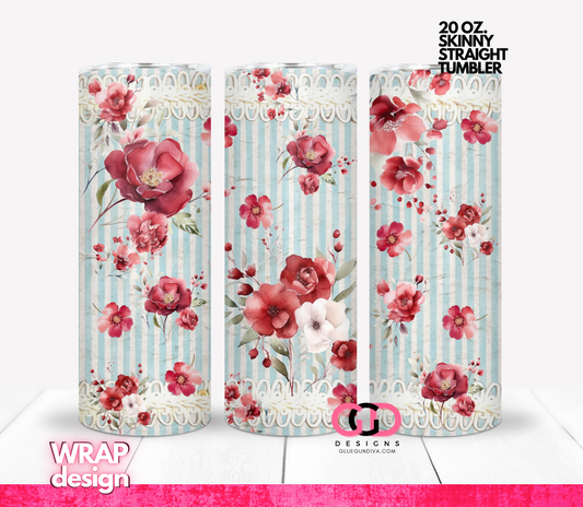 Red Flowers and Lace -   Digital tumbler wrap for 20 oz skinny straight tumbler