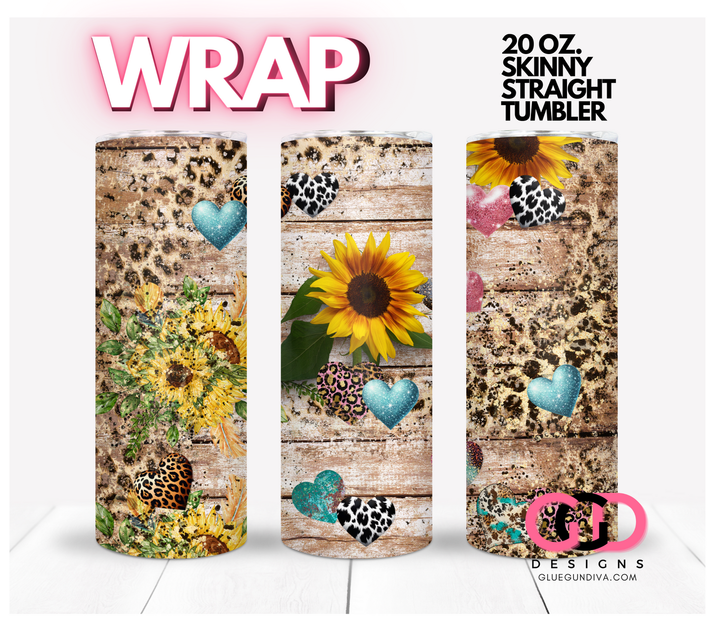 Sunflowers with Hearts-   Digital tumbler wrap for 20 oz skinny straight tumbler