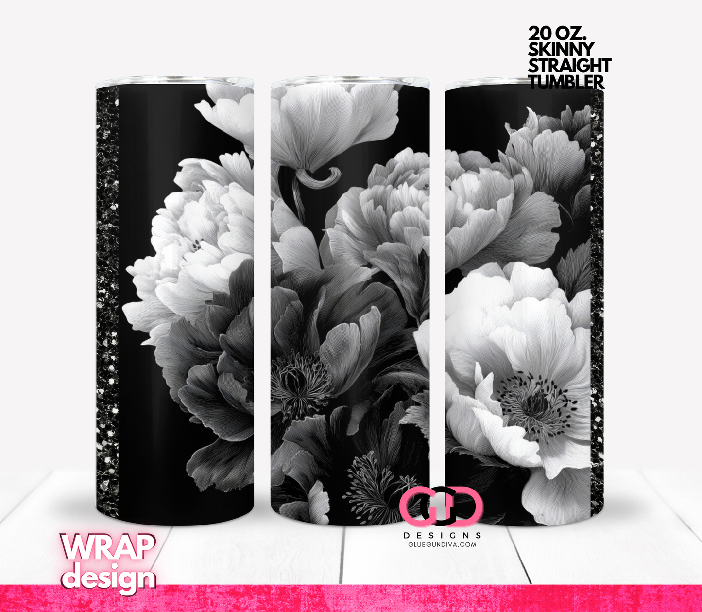 Black White Flowers 5 -   Digital tumbler wrap for 20 oz skinny straight tumbler