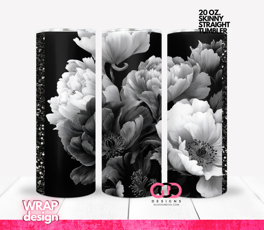 Black White Flowers 5 -   Digital tumbler wrap for 20 oz skinny straight tumbler