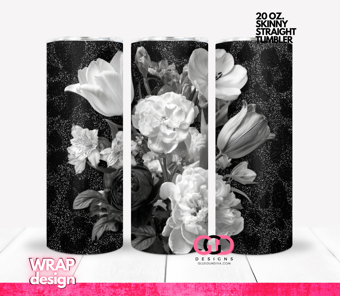 Black White Flowers 2 -   Digital tumbler wrap for 20 oz skinny straight tumbler