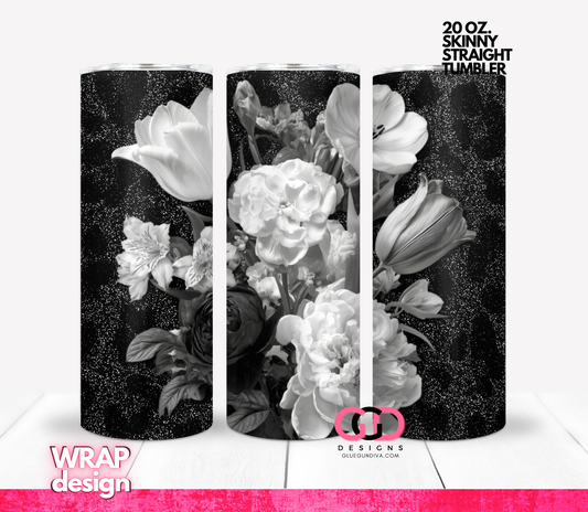Black White Flowers 2 -   Digital tumbler wrap for 20 oz skinny straight tumbler