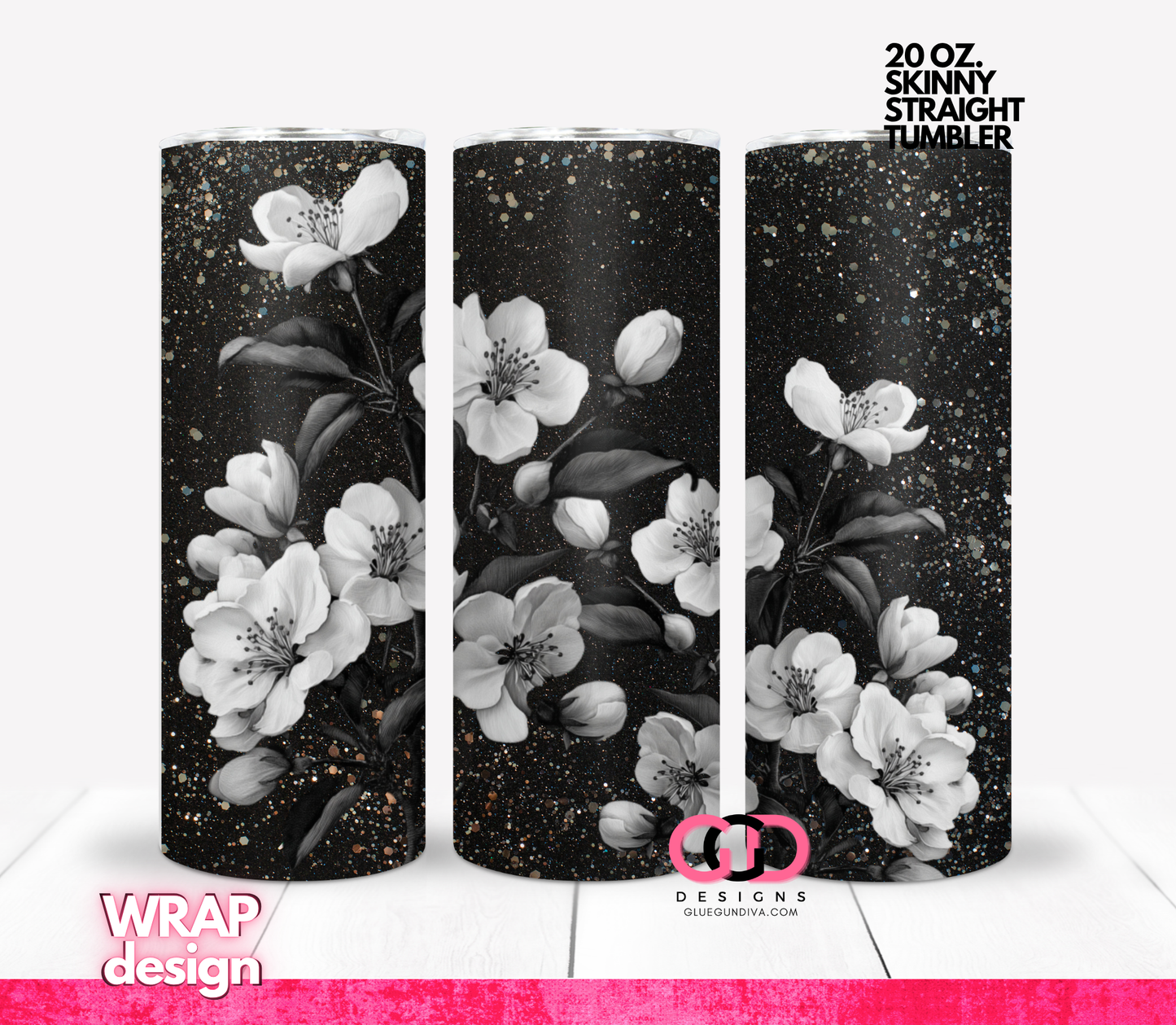 Black White Flowers 3 -   Digital tumbler wrap for 20 oz skinny straight tumbler