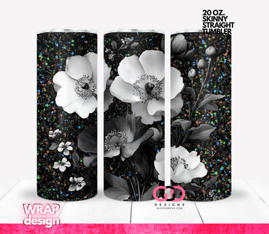 Black White Flowers 1 -   Digital tumbler wrap for 20 oz skinny straight tumbler