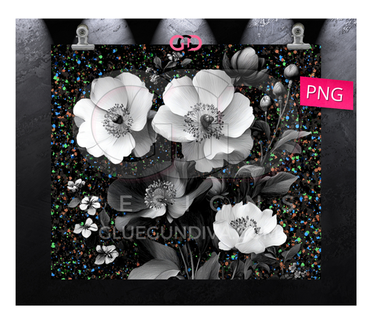 Black White Flowers 1 -   Digital tumbler wrap for 20 oz skinny straight tumbler