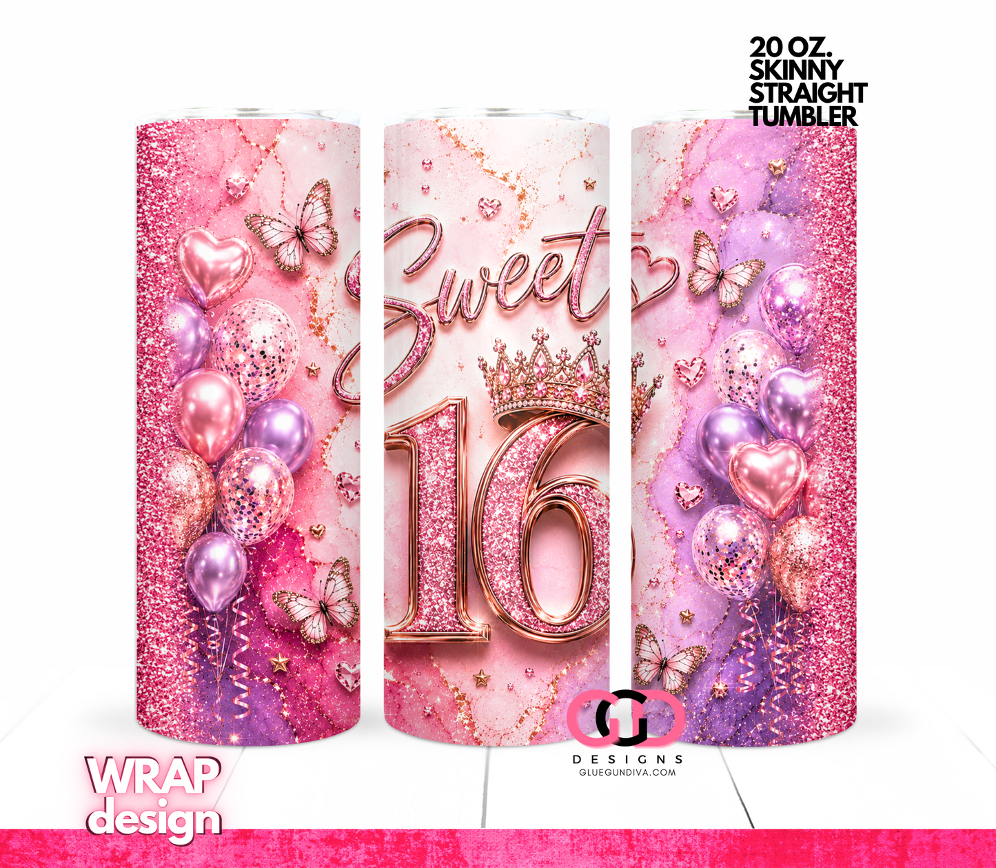 Sweet 16 glitter butterflies -  Digital tumbler wrap for 20 oz skinny straight tumbler