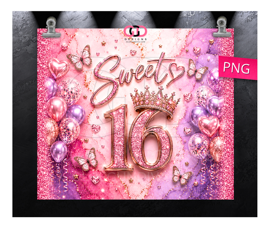 Sweet 16 glitter butterflies -  Digital tumbler wrap for 20 oz skinny straight tumbler