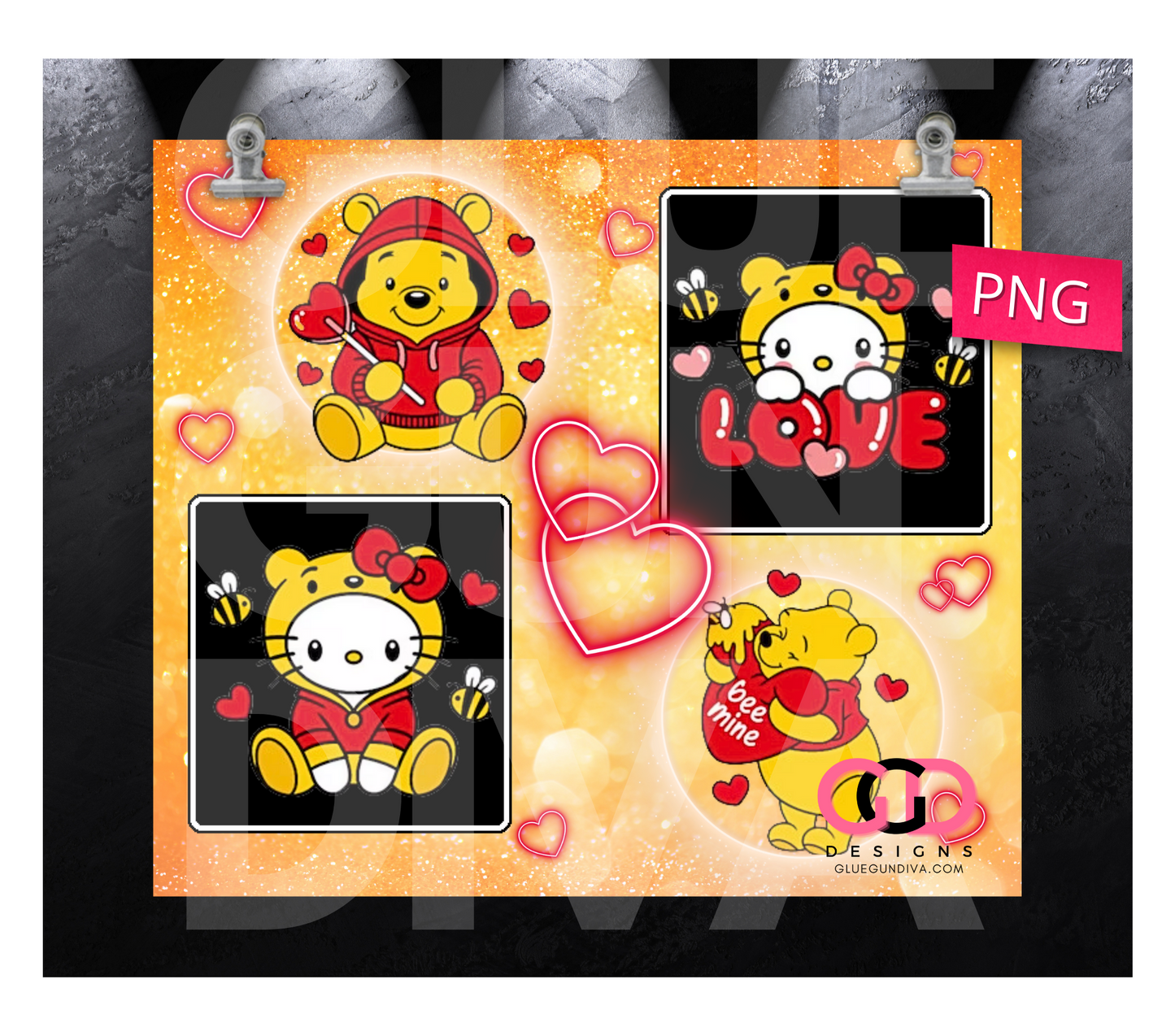 Bear and Kitty Valentine Friends-   Digital tumbler wrap for 20 oz skinny straight tumbler