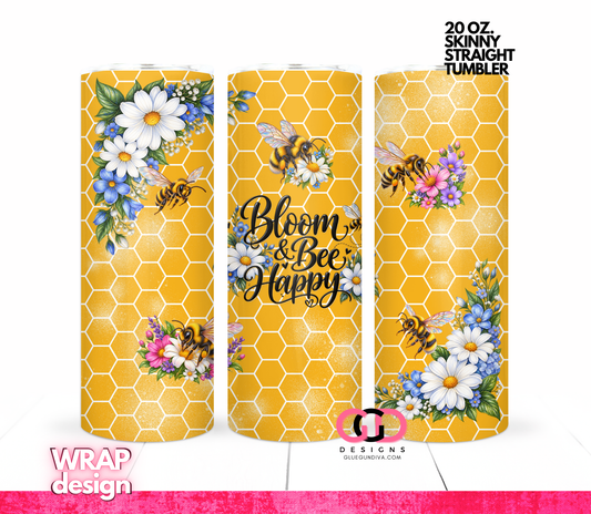 Bloom and Bee Happy Yellow -  Digital tumbler wrap for 20 oz skinny straight tumbler