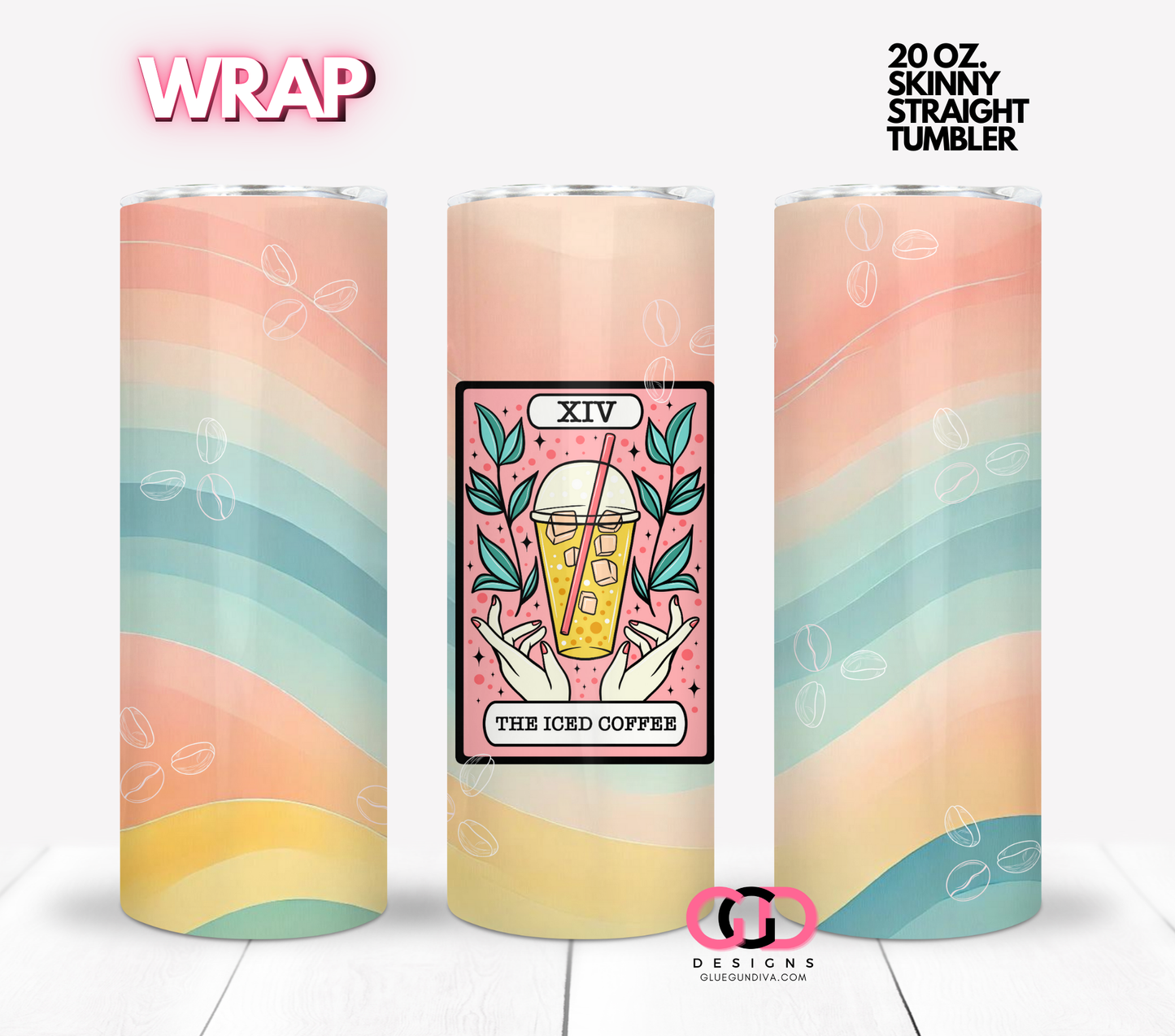 The iced Coffee tarot Card -  Digital tumbler wrap for 20 oz skinny straight tumbler