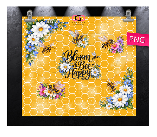 Bloom and Bee Happy Yellow -  Digital tumbler wrap for 20 oz skinny straight tumbler