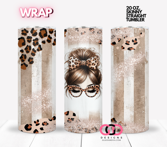 Cute Leopard Messy Bun -  Digital tumbler wrap for 20 oz skinny straight tumbler