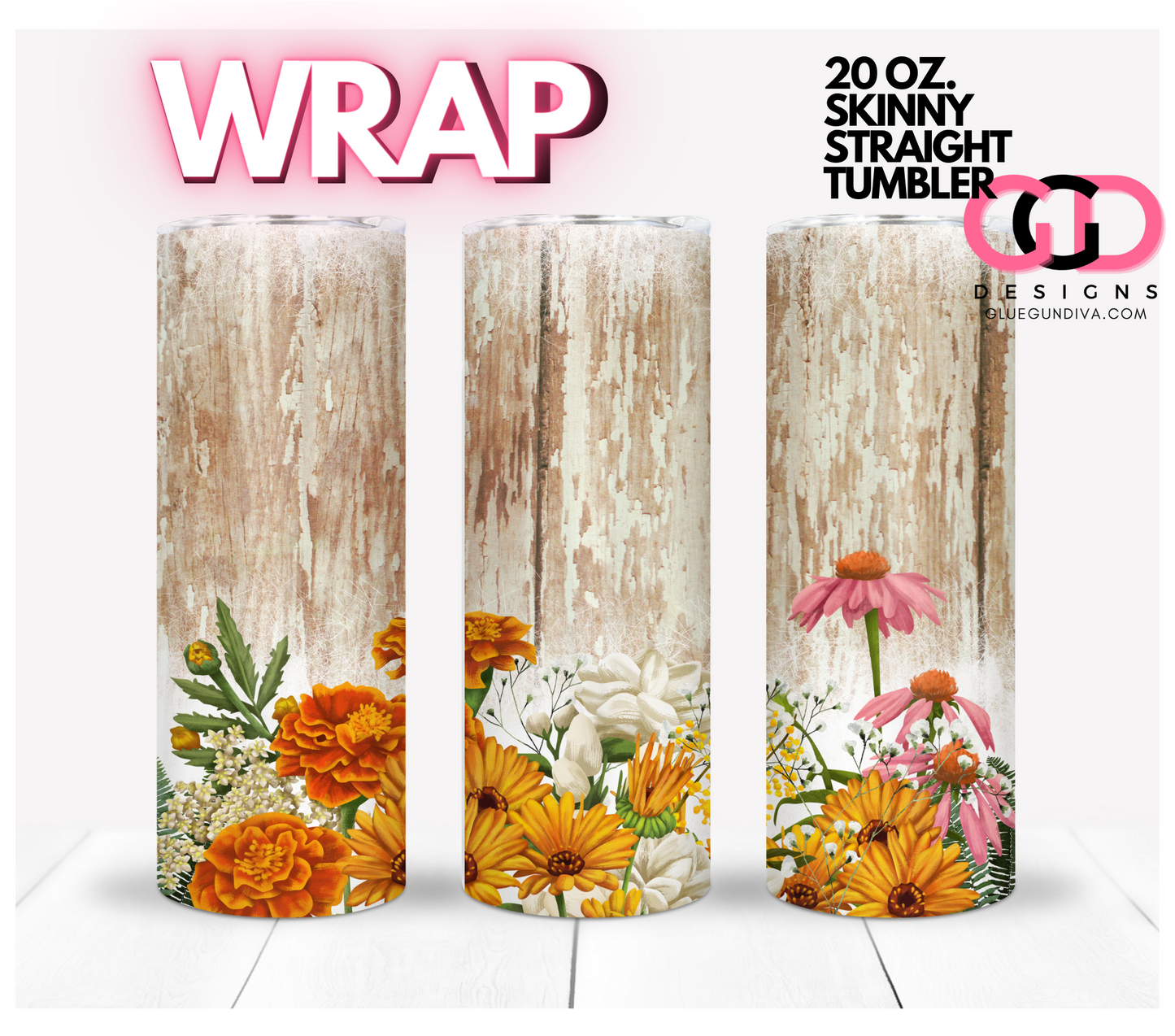 Flowers against tree trunk-   Digital tumbler wrap for 20 oz skinny straight tumbler