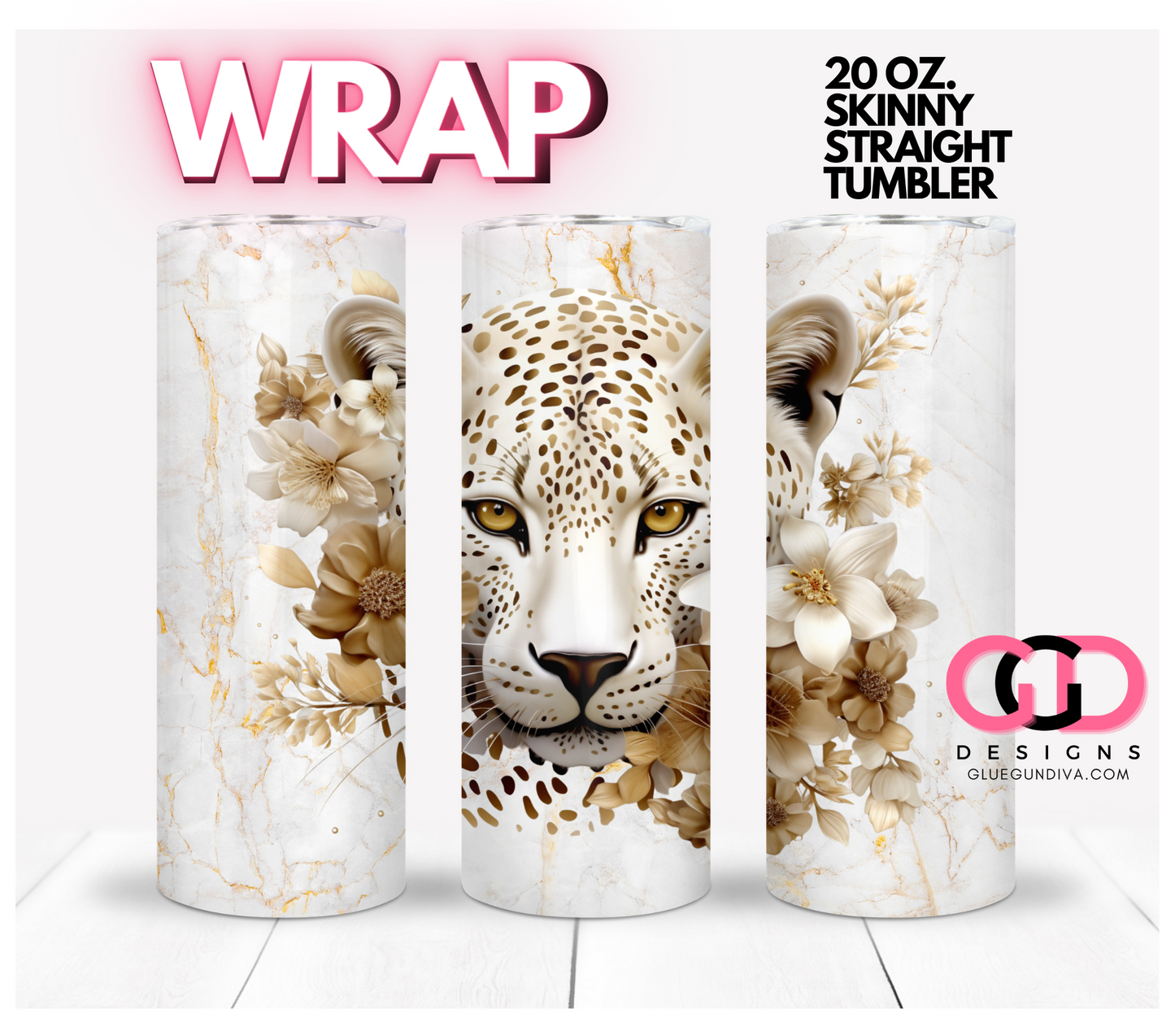 Leopard and flowers-   Digital tumbler wrap for 20 oz skinny straight tumbler