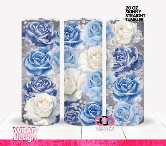 Roses in Blue and Pearls -  Digital tumbler wrap for 20 oz skinny straight tumbler