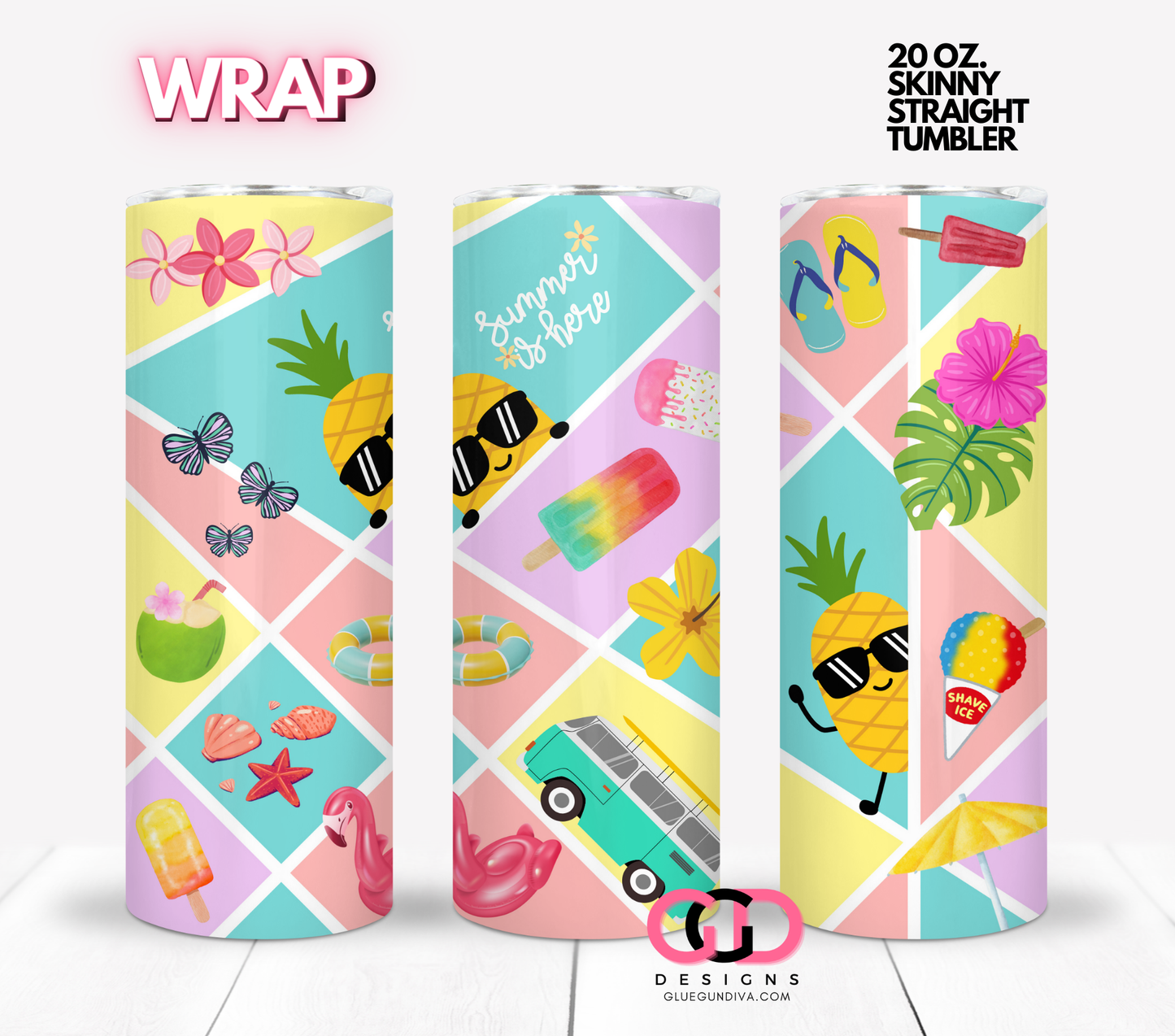 Summer is Here Pineapples -  Digital tumbler wrap for 20 oz skinny straight tumbler