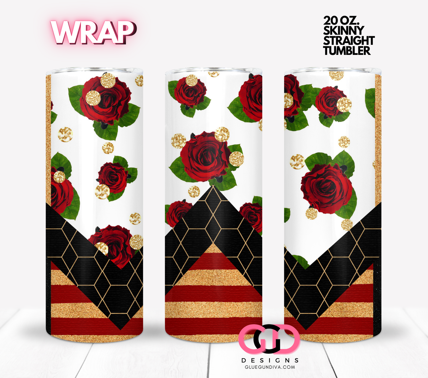 Red Roses and Black Chevron -  Digital tumbler wrap for 20 oz skinny straight tumbler