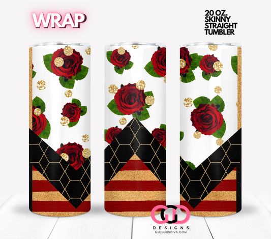 Red Roses and Black Chevron -  Digital tumbler wrap for 20 oz skinny straight tumbler