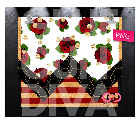 Red Roses and Black Chevron -  Digital tumbler wrap for 20 oz skinny straight tumbler