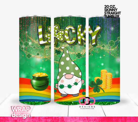 Lucky Rainbow Gnome - Digital tumbler wrap for 20 oz skinny straight tumbler