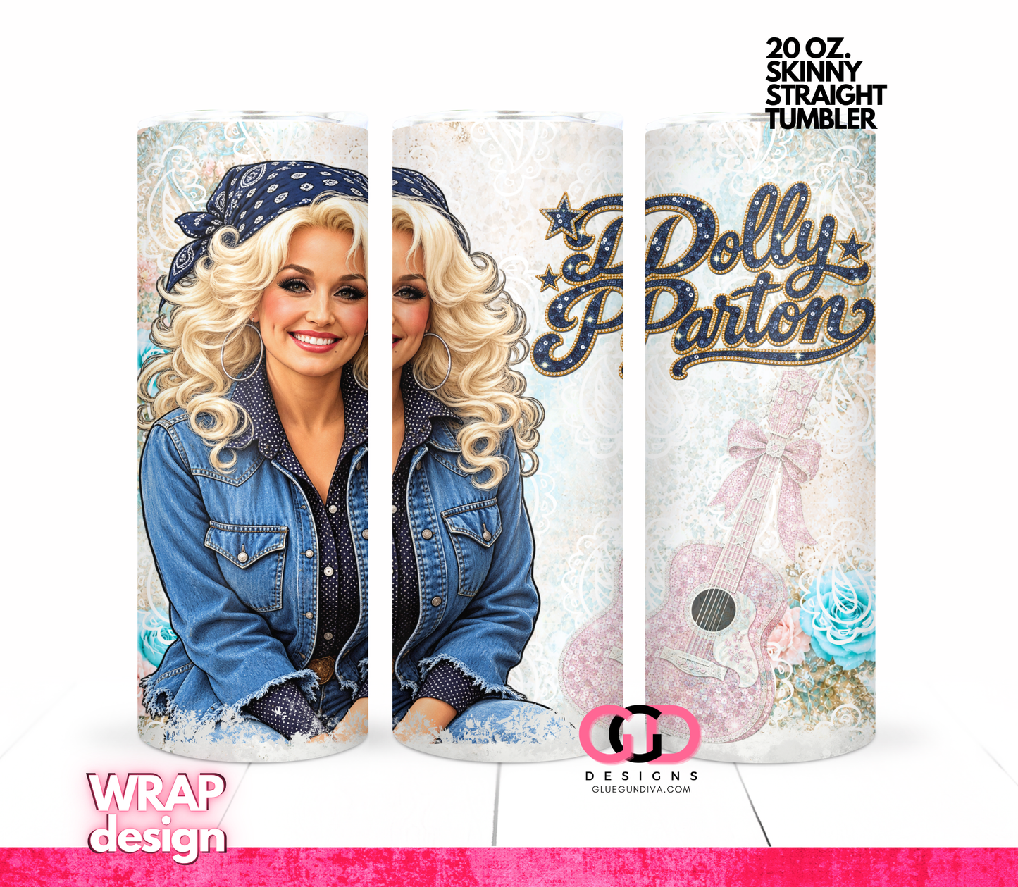 Dolly Parton Blue and Guitar -   Digital tumbler wrap for 20 oz skinny straight tumbler