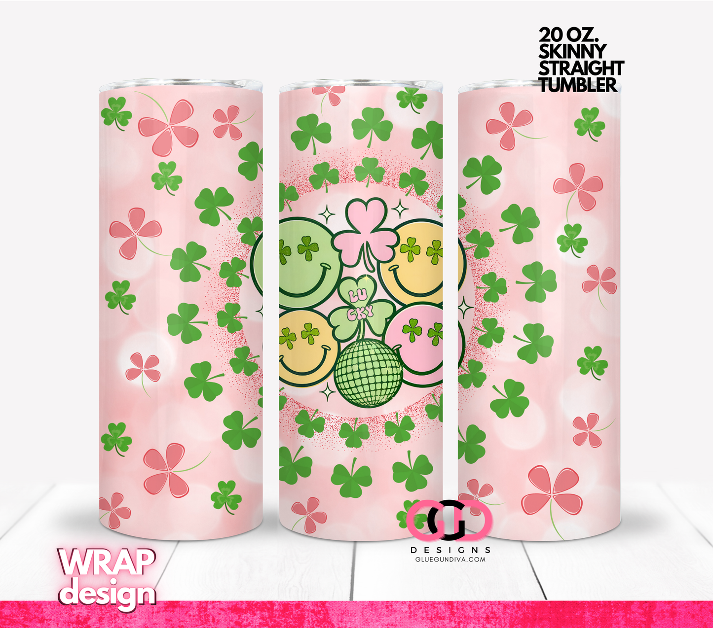 Lucky Clover Retro - Digital tumbler wrap for 20 oz skinny straight tumbler