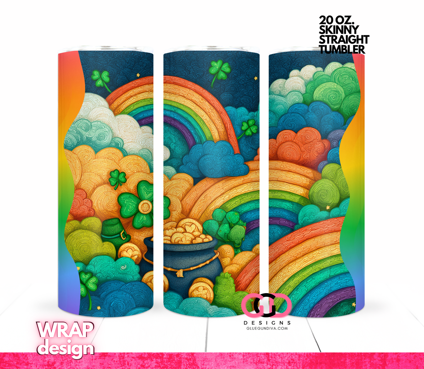 Rainbows and Golden Coins-   Digital tumbler wrap for 20 oz skinny straight tumbler